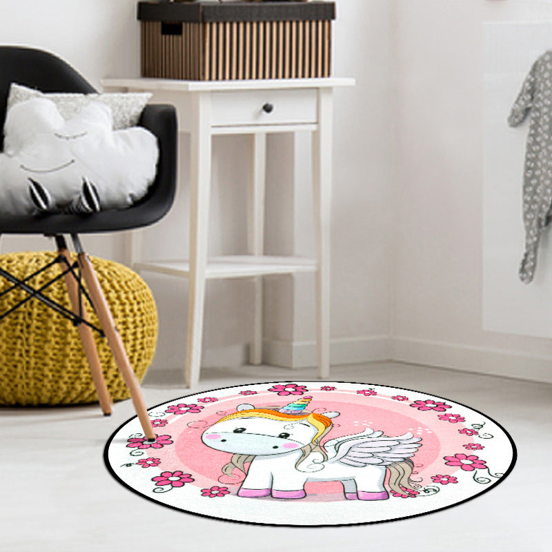 Pink Child's Room Rug Kids Animal Unicorn Swan Floral Heart Pattern Area Rug Polyester Pet Friendly Carpet White Clearhalo 'Area Rug' 'Rug' 1947438