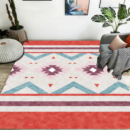 Blue and Red Bedroom Rug Moroccan Medallion Triangle Stripe Pattern Area Rug Polyester Anti-Slip Carpet Red Clearhalo 'Area Rug' 'Moroccan' 'Rugs' Rug' 1947473