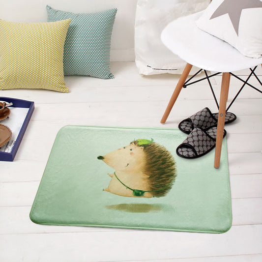 Green and White Nursery Rug Kids Animal Hedgehog Pig Fox Pattern Area Rug Polyester Non-Slip Backing Carpet Green 2' x 2'11"