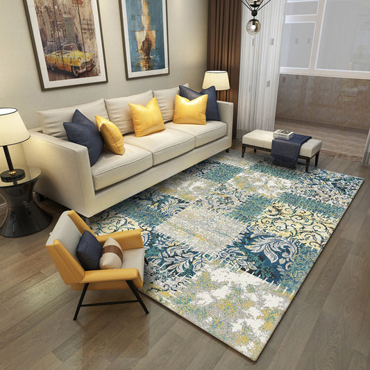 Grey and Green Vintage Rug Polyester Tribal Floral Pattern Rug Pet Friendly Washable Anti-Slip Backing Carpet for Decoration Yellow
