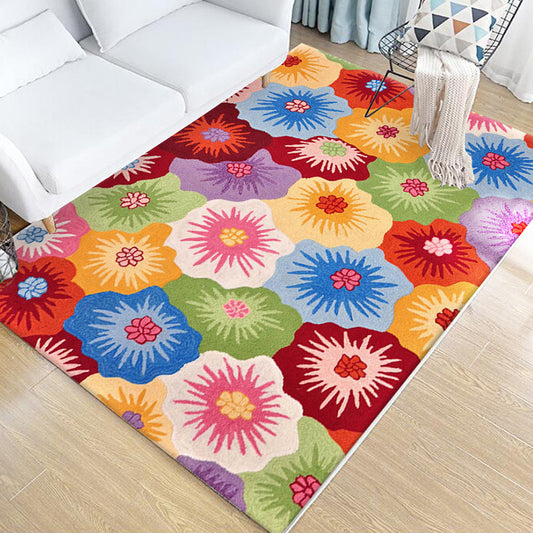 Unique Flower Pattern Rug Multicolor Southwestern Rug Polyester Pet Friendly Non-Slip Backing Washable Area Rug for Living Room Red