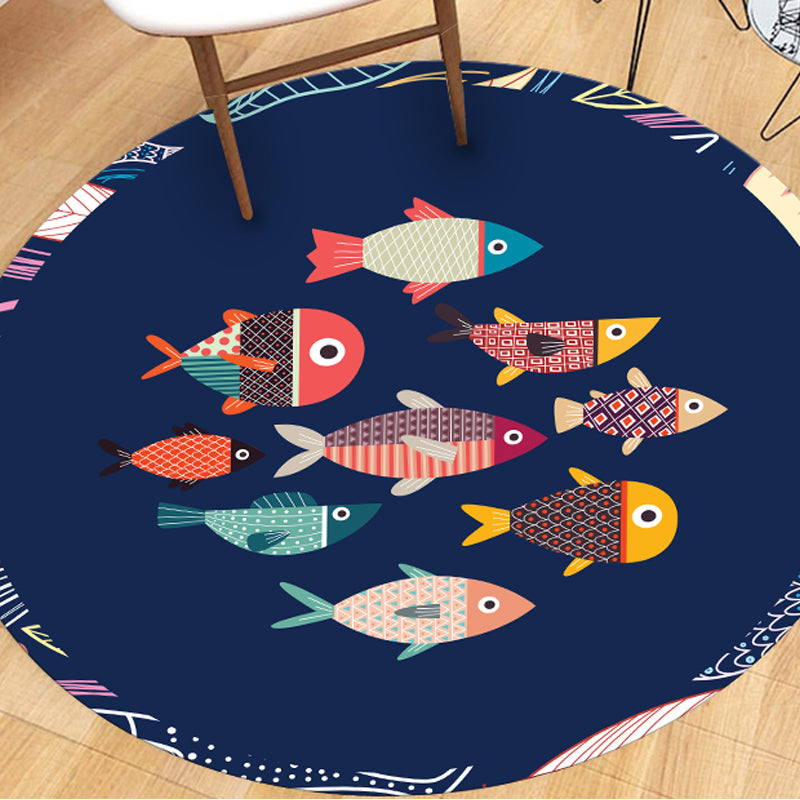 Cute Kids Rug Multicolor Rabbit and Fish Pattern Rug Pet Friendly Anti-Slip Machine Washable Area Rug for Decoration Dark Blue Clearhalo 'Area Rug' 'Rug' 1947647