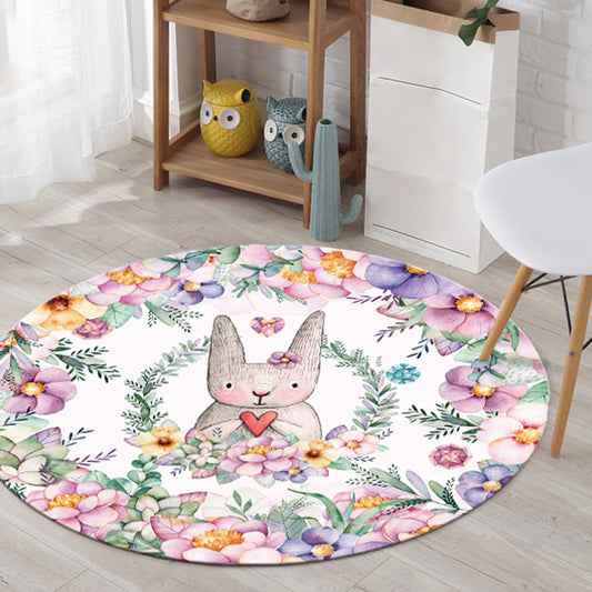 Cute Kids Rug Multicolor Rabbit and Fish Pattern Rug Pet Friendly Anti-Slip Machine Washable Area Rug for Decoration Pink
