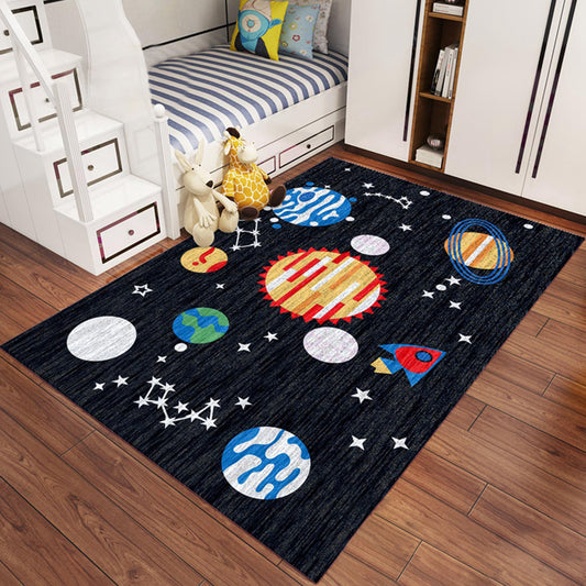 Kids Outer Space Pattern Rug Green and Black Polyester Rug Non-Slip Backing Washable Pet Friendly Carpet for Bedroom Black
