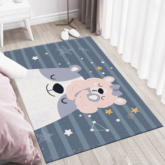 Multicolor Cartoon Animal Pattern Rug Polyester Kids Rug Washable Anti-Slip Pet Friendly Area Rug for Bedroom Blue