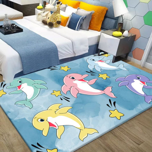 Multicolor Dolphin Pattern Rug with Star Polyester Kids Rug Washable Anti-Slip Pet Friendly Area Rug for Bedroom Blue