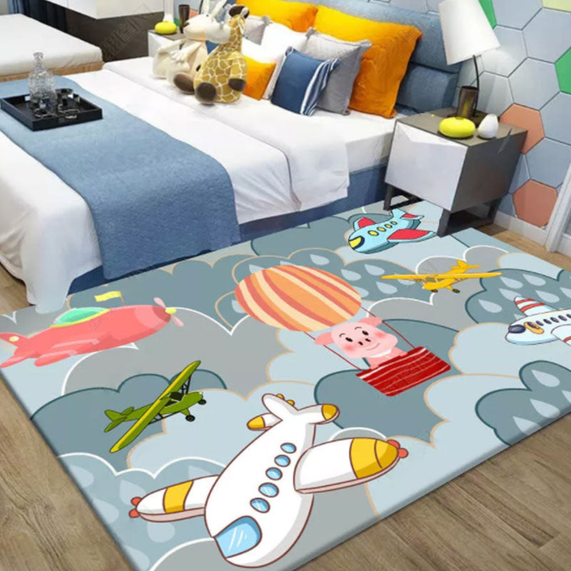 Cute Blue Kids Rug Polyester Planes and Balloon Pattern Rug Washable Pet Friendly Non-Slip Carpet for Nursery Blue Clearhalo 'Area Rug' 'Rug' 1947701