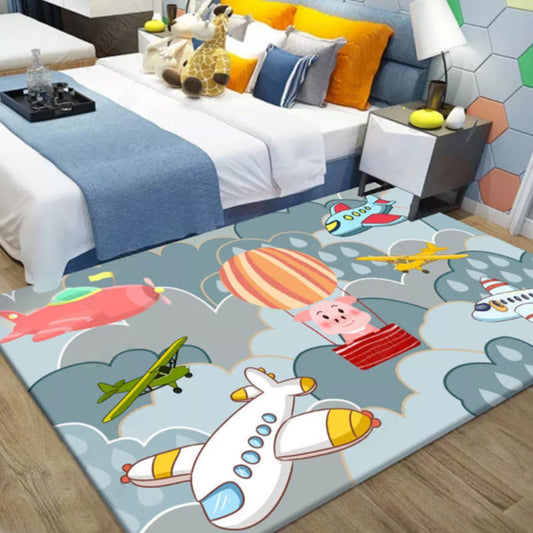 Cute Blue Kids Rug Polyester Planes and Balloon Pattern Rug Washable Pet Friendly Non-Slip Carpet for Nursery Blue