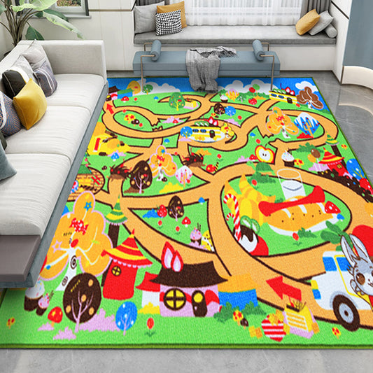 Kids Maze Pattern Rug Green Polyester Rug Non-Slip Pet Friendly Washable Are Rug for child's room Green 3'3" x 4'7"