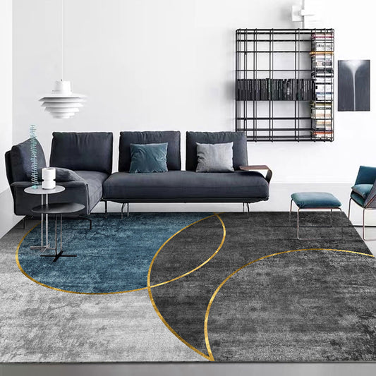 Modern Guest Room Rug Dark Overlapping Geometric Shapes Carpet Polyester Anti-Slip Backing Rug Blue