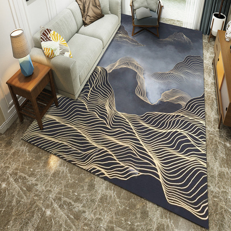 Inkwell Rug Ink Painting Modern Style Polyester Area Rug with Curved Line Rug Dark ...