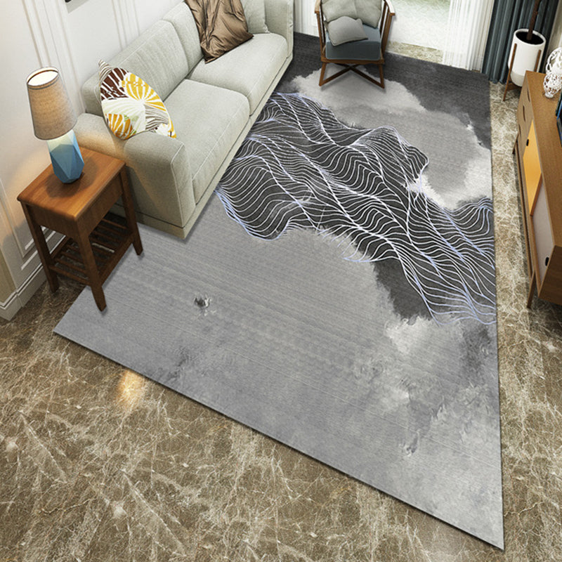 Gray Polyester Rug Simple Style Gray Polyester Area Rug Ink Painting with Gold Curved Line ...
