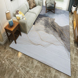 Gold Line Ink Painting Washable Gray Polyester Area Rug Modernism Bedroom Area Rug Grey