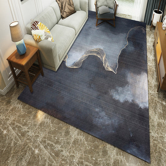 Dark Blue Polyester Modernism Area Rug with Abstract Pattern Machine Washable Room Rug Dark Blue