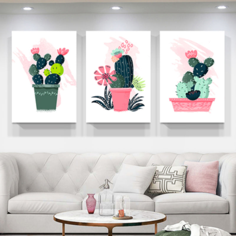 Bonsai Potted Cactus Art Print Nordic Canvas Wall Decor in Pink for Sitting Room - Pink - Clearhalo - 'Arts' - 'Canvas Art' - 1948030