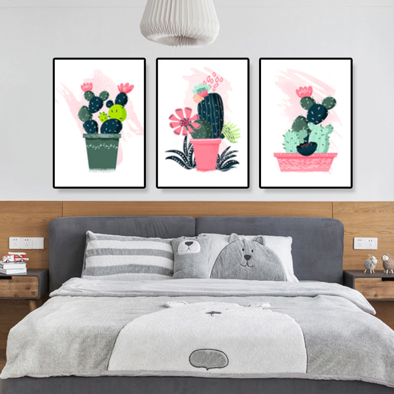 Bonsai Potted Cactus Art Print Nordic Canvas Wall Decor in Pink for Sitting Room - Clearhalo - 'Arts' - 'Canvas Art' - 1948031