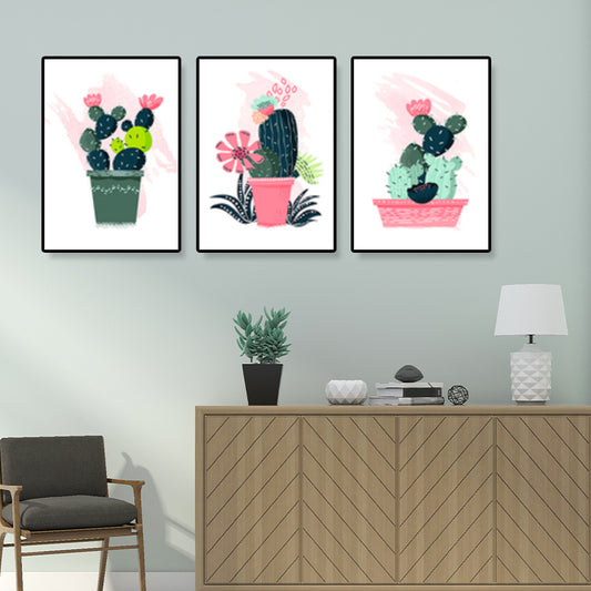 Bonsai Potted Cactus Art Print Nordic Canvas Wall Decor in Pink for Sitting Room