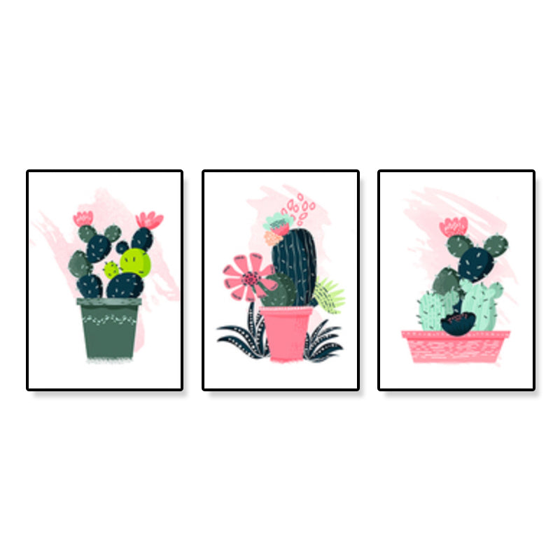 Bonsai Potted Cactus Art Print Nordic Canvas Wall Decor in Pink for Sitting Room - Clearhalo - 'Arts' - 'Canvas Art' - 1948033