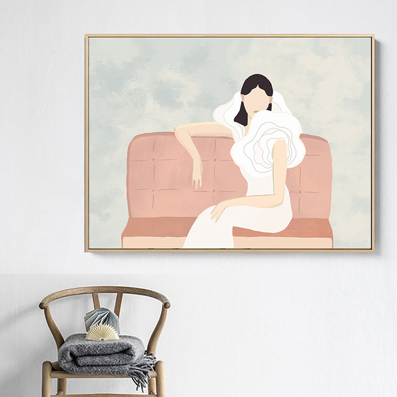 Funky Woman in White Canvas Wall Art Pastel Girls Bedroom Wall Decor, Sizes Optional White Clearhalo 'Arts' 'Canvas Art' 1948093