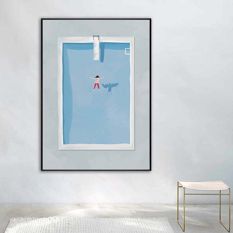 Illustratie kleine meid zwemmen kunst print blauw canvas gemaakte wanddecor, gestructureerd