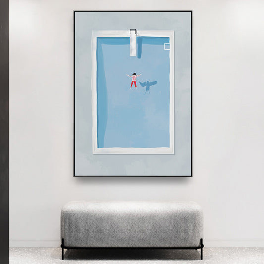 Illustratie kleine meid zwemmen kunst print blauw canvas gemaakte wanddecor, gestructureerd
