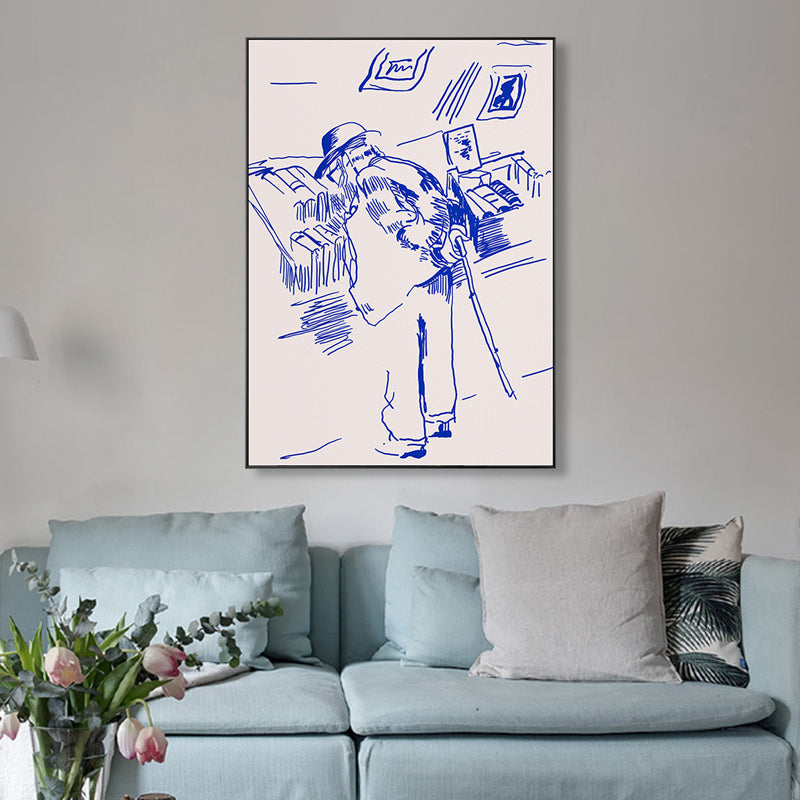 Pen Sketch Bookstore Grandpa Canvas Bedroom Illustration Figure Wall Art in Blue for Decor
