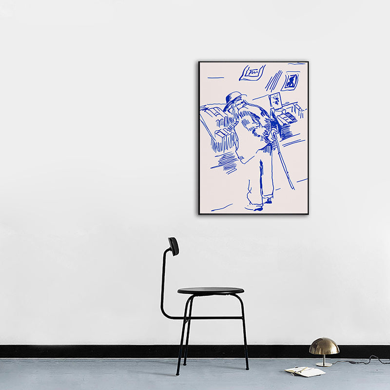 Stift Sketch Bookstore Opa Leinwand Schlafzimmer Illustration Figur Wandkunst in Blau für Dekor