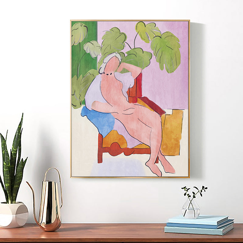 Green Pop Art Canvas Illustrated the Model Lying at Patio Wall Decor for Hallway