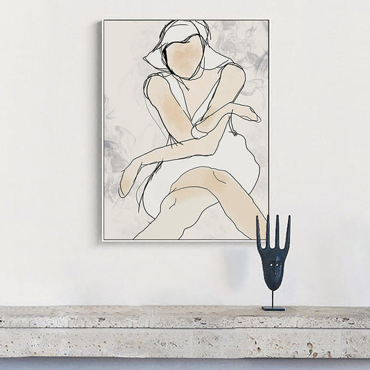 White Line Art Woman Canvas Print Figure Minimalist Textured Wall Decor for Bedroom