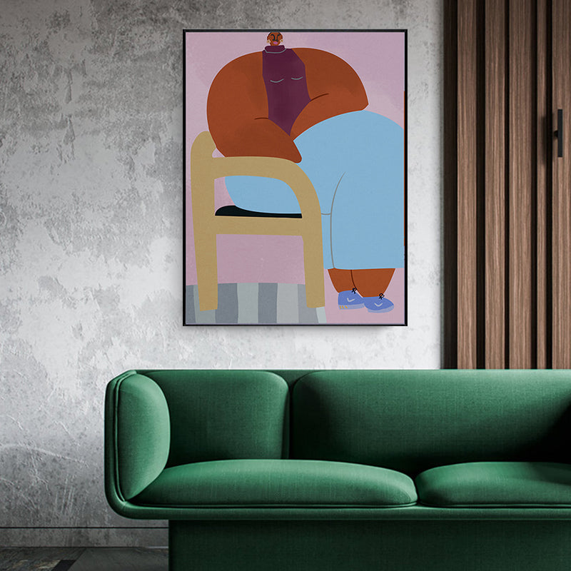 Textured Girl Pondering Art Print Canvas Funky Wall Decor for Hallway, Soft Color Blue Clearhalo 'Arts' 'Canvas Art' 1948285