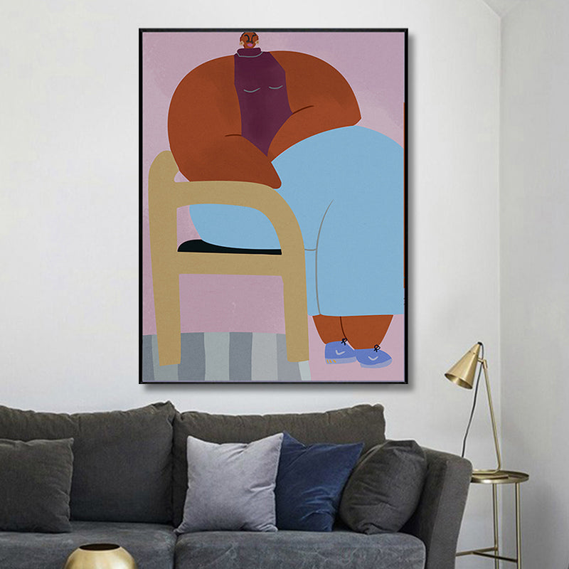 Textured Girl Pondering Art Print Canvas Funky Wall Decor for Hallway, Soft Color Clearhalo 'Arts' 'Canvas Art' 1948287