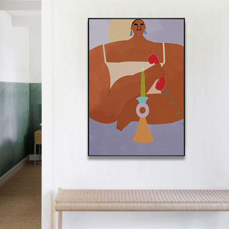 Textured Girl Pondering Art Print Canvas Funky Wall Decor for Hallway, Soft Color Brown Clearhalo 'Arts' 'Canvas Art' 1948293