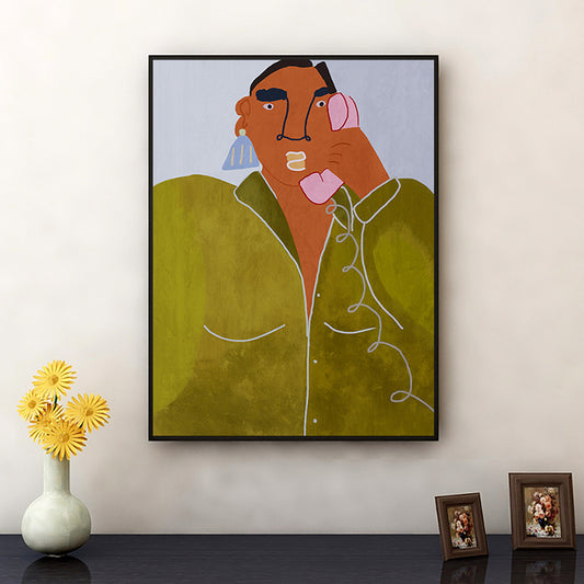 Woman with Earrings Wall Art Textured Funky Living Room Canvas Print for Decoration Green