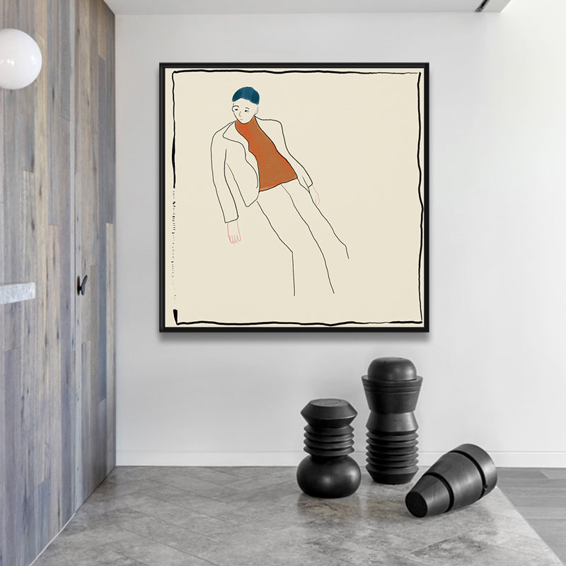 Beige Funky Wall Art Print Line Drawing Boy in Casual Suit Canvas for Living Room - Clearhalo - 'Arts' - 'Canvas Art' - 1948478