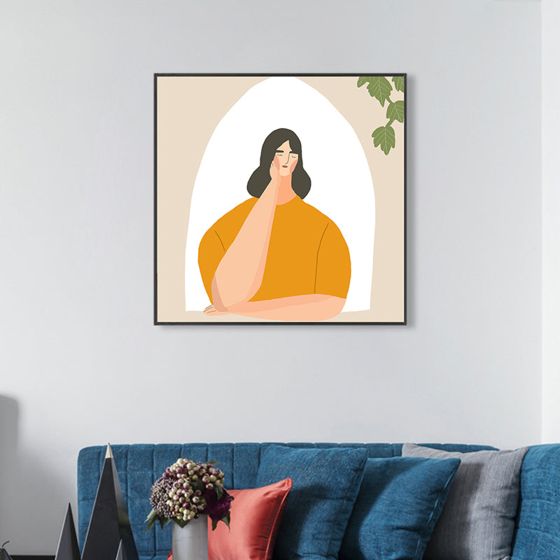 Pastel Illustration Girl Wall Art Figure Nordic Style Textured Canvas Print for Bedroom