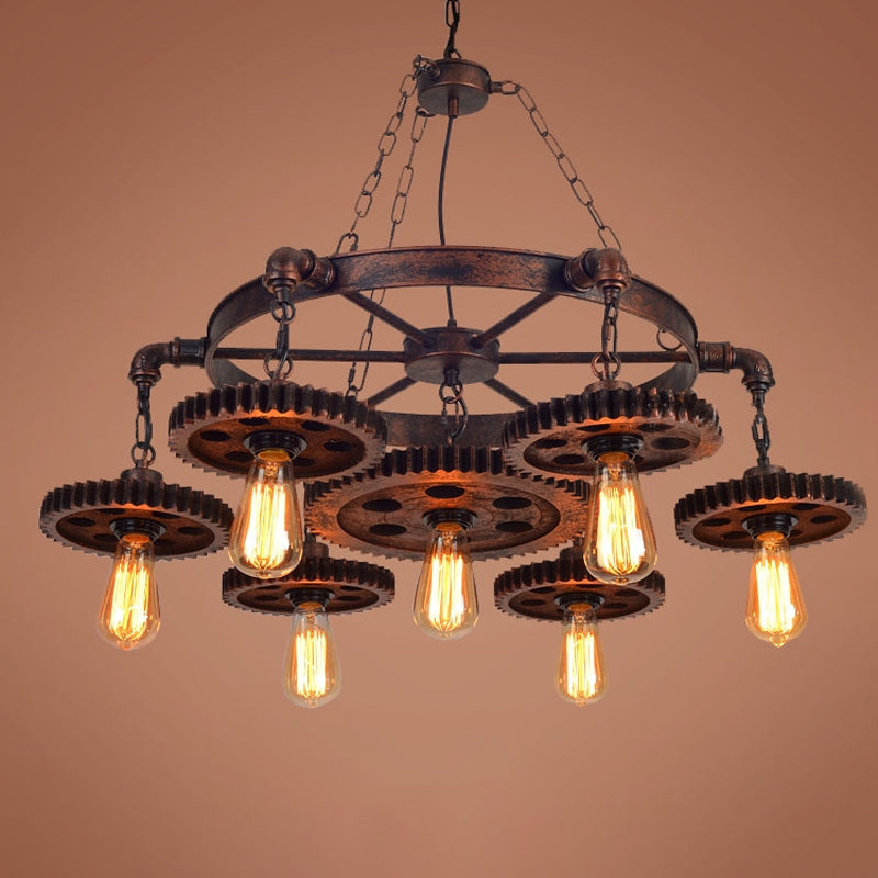 Wood Carved Gear Chandelier Lamp Loft Style 1/3/7-Bulb Bistro Down Lighting Pendant in Antique Bronze 7 Antique Bronze Clearhalo 'Cast Iron' 'Ceiling Lights' 'Chandeliers' 'Industrial Chandeliers' 'Industrial' 'Metal' 'Middle Century Chandeliers' 'Rustic Chandeliers' 'Tiffany' Lighting' 1948651