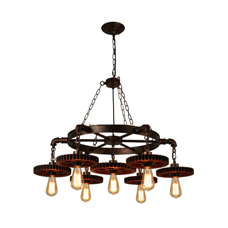 Wood Carved Gear Chandelier Lamp Loft Style 1/3/7-Bulb Bistro Down Lighting Pendant in Antique Bronze Clearhalo 'Cast Iron' 'Ceiling Lights' 'Chandeliers' 'Industrial Chandeliers' 'Industrial' 'Metal' 'Middle Century Chandeliers' 'Rustic Chandeliers' 'Tiffany' Lighting' 1948653
