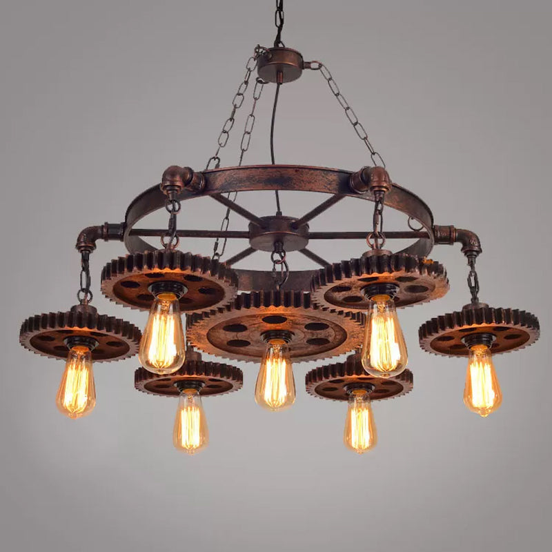 Wood Carved Gear Chandelier Lamp Loft Style 1/3/7-Bulb Bistro Down Lighting Pendant in Antique Bronze Clearhalo 'Cast Iron' 'Ceiling Lights' 'Chandeliers' 'Industrial Chandeliers' 'Industrial' 'Metal' 'Middle Century Chandeliers' 'Rustic Chandeliers' 'Tiffany' Lighting' 1948654