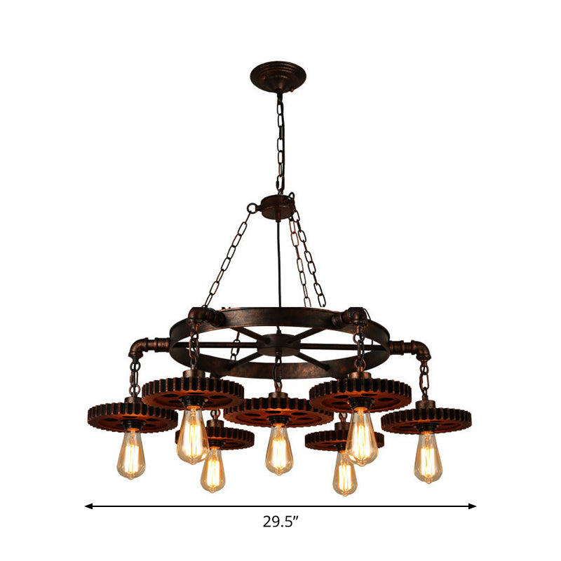 Wood Carved Gear Chandelier Lamp Loft Style 1/3/7-Bulb Bistro Down Lighting Pendant in Antique Bronze Clearhalo 'Cast Iron' 'Ceiling Lights' 'Chandeliers' 'Industrial Chandeliers' 'Industrial' 'Metal' 'Middle Century Chandeliers' 'Rustic Chandeliers' 'Tiffany' Lighting' 1948655
