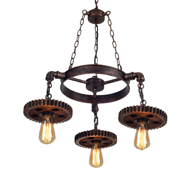 Wood Carved Gear Chandelier Lamp Loft Style 1/3/7-Bulb Bistro Down Lighting Pendant in Antique Bronze 3 Antique Bronze Clearhalo 'Cast Iron' 'Ceiling Lights' 'Chandeliers' 'Industrial Chandeliers' 'Industrial' 'Metal' 'Middle Century Chandeliers' 'Rustic Chandeliers' 'Tiffany' Lighting' 1948660