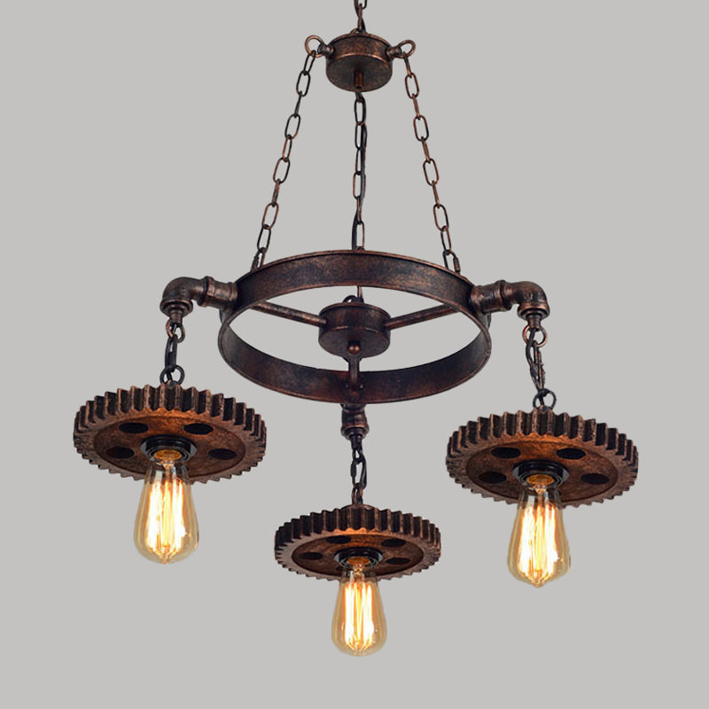Wood Carved Gear Chandelier Lamp Loft Style 1/3/7-Bulb Bistro Down Lighting Pendant in Antique Bronze Clearhalo 'Cast Iron' 'Ceiling Lights' 'Chandeliers' 'Industrial Chandeliers' 'Industrial' 'Metal' 'Middle Century Chandeliers' 'Rustic Chandeliers' 'Tiffany' Lighting' 1948661