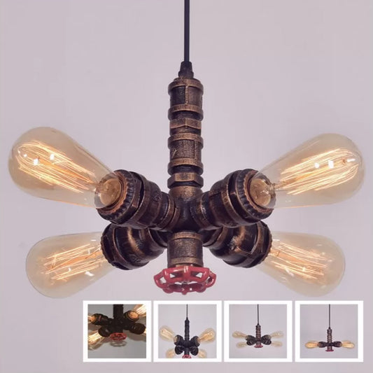 Radial Design Piping Metal Pendant Chandelier Warehouse 4-Light Living Room Drop Lamp in Bronze/Black Bronze Clearhalo 'Cast Iron' 'Ceiling Lights' 'Chandeliers' 'Industrial Chandeliers' 'Industrial' 'Metal' 'Middle Century Chandeliers' 'Rustic Chandeliers' 'Tiffany' Lighting' 1948663