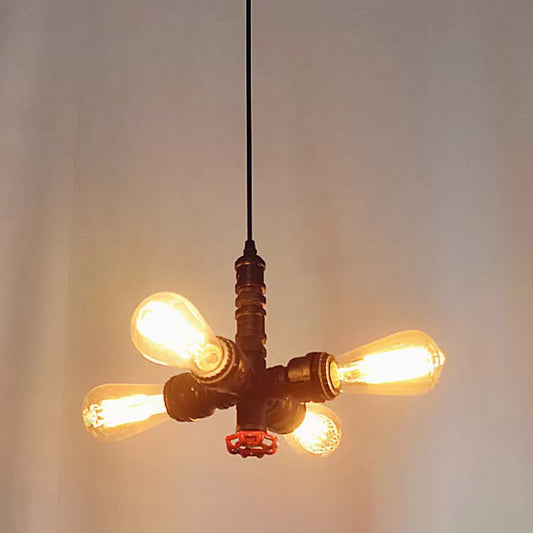 Radial Design Piping Metal Pendant Chandelier Warehouse 4-Light Living Room Drop Lamp in Bronze/Black Black Clearhalo 'Cast Iron' 'Ceiling Lights' 'Chandeliers' 'Industrial Chandeliers' 'Industrial' 'Metal' 'Middle Century Chandeliers' 'Rustic Chandeliers' 'Tiffany' Lighting' 1948666