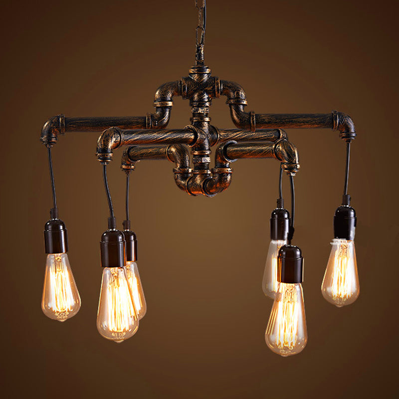 Iron Antique Brass Hanging Lamp Plumbing Pipe 4/6 Bulbs Industrial Chandelier Light Fixture 6 Brass Clearhalo 'Cast Iron' 'Ceiling Lights' 'Chandeliers' 'Industrial Chandeliers' 'Industrial' 'Metal' 'Middle Century Chandeliers' 'Rustic Chandeliers' 'Tiffany' Lighting' 1948669