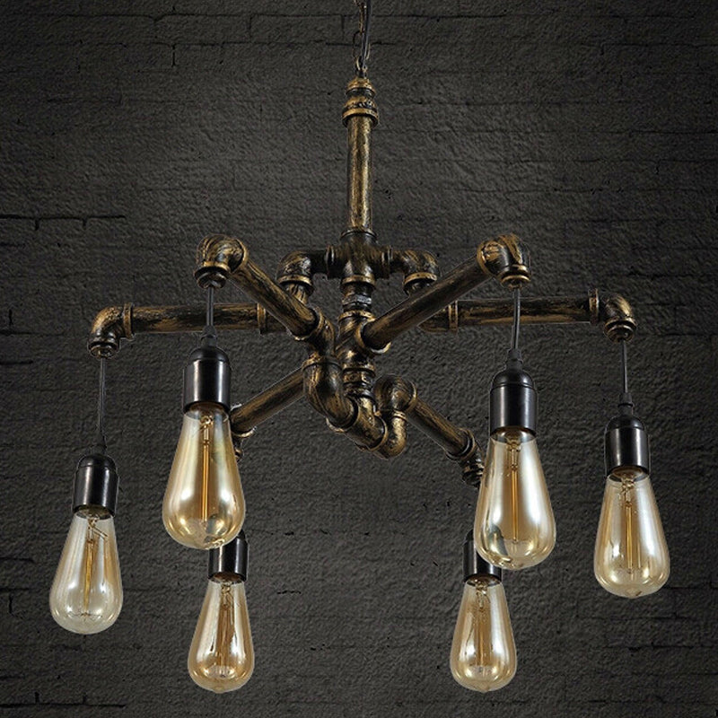 Iron Antique Brass Hanging Lamp Plumbing Pipe 4/6 Bulbs Industrial Chandelier Light Fixture Clearhalo 'Cast Iron' 'Ceiling Lights' 'Chandeliers' 'Industrial Chandeliers' 'Industrial' 'Metal' 'Middle Century Chandeliers' 'Rustic Chandeliers' 'Tiffany' Lighting' 1948670