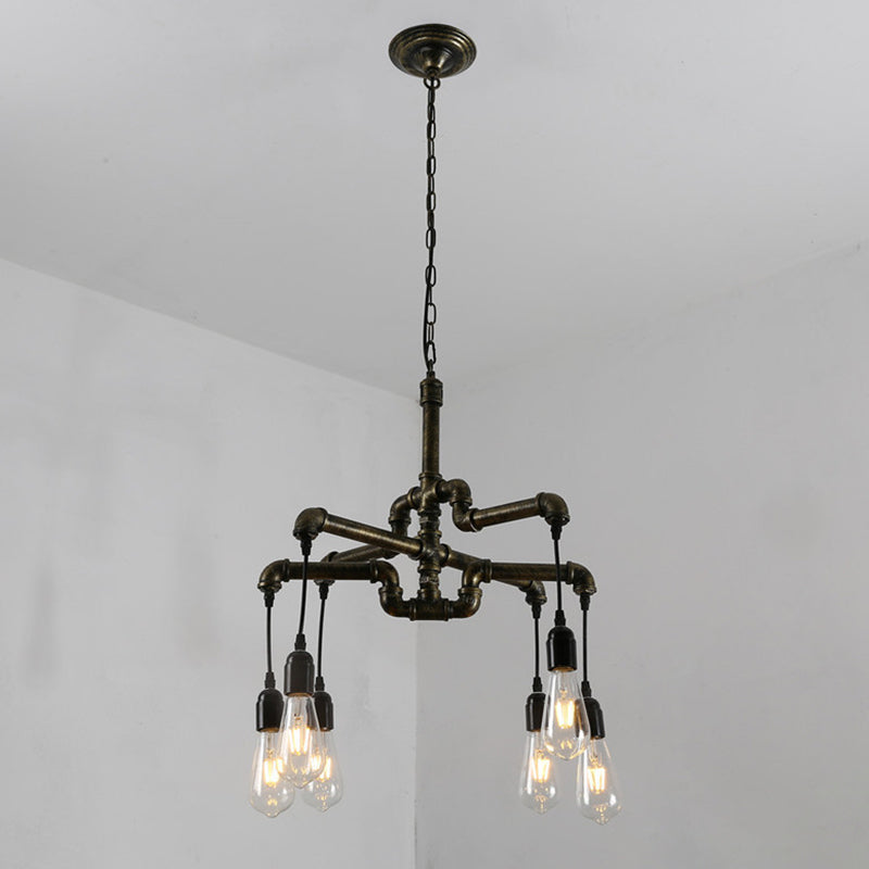Bronze 2-Layer Water Pipe Chandelier Industrial Iron 4/6 Heads Dining Room Hanging Ceiling Light 6 Bronze Clearhalo 'Cast Iron' 'Ceiling Lights' 'Chandeliers' 'Industrial Chandeliers' 'Industrial' 'Metal' 'Middle Century Chandeliers' 'Rustic Chandeliers' 'Tiffany' Lighting' 1948678
