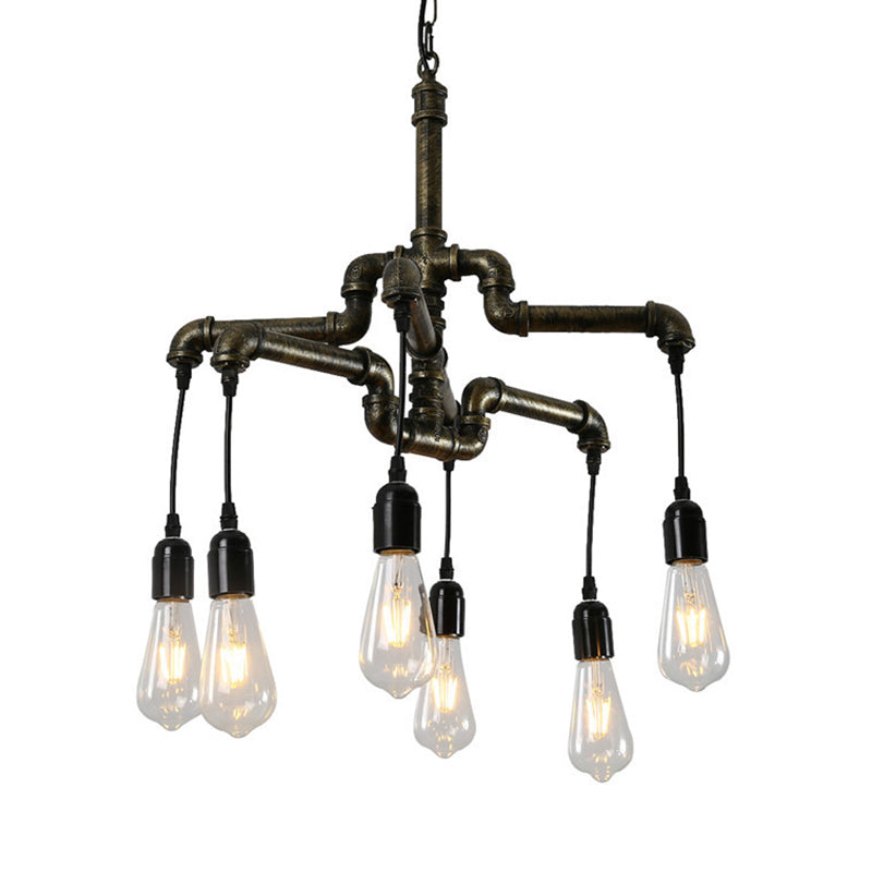 Bronze 2-Layer Water Pipe Chandelier Industrial Iron 4/6 Heads Dining Room Hanging Ceiling Light Clearhalo 'Cast Iron' 'Ceiling Lights' 'Chandeliers' 'Industrial Chandeliers' 'Industrial' 'Metal' 'Middle Century Chandeliers' 'Rustic Chandeliers' 'Tiffany' Lighting' 1948680