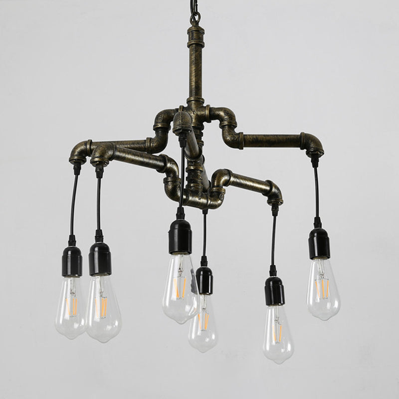 Bronze 2-Layer Water Pipe Chandelier Industrial Iron 4/6 Heads Dining Room Hanging Ceiling Light Clearhalo 'Cast Iron' 'Ceiling Lights' 'Chandeliers' 'Industrial Chandeliers' 'Industrial' 'Metal' 'Middle Century Chandeliers' 'Rustic Chandeliers' 'Tiffany' Lighting' 1948681