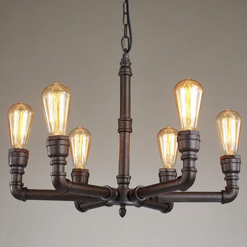 Metal Black Chandelier Lamp Piping 3/6 Bulbs Steampunk Up Pendant Ceiling Light for Bistro 6 Black Up Clearhalo 'Cast Iron' 'Ceiling Lights' 'Chandeliers' 'Industrial Chandeliers' 'Industrial' 'Metal' 'Middle Century Chandeliers' 'Rustic Chandeliers' 'Tiffany' Lighting' 1948685