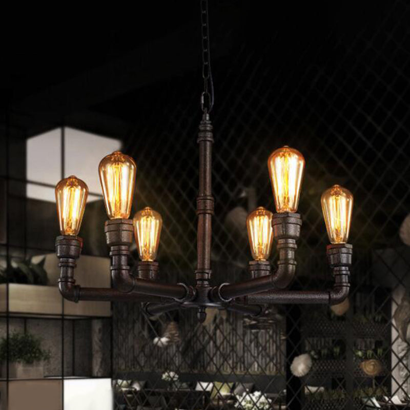 Metal Black Chandelier Lamp Piping 3/6 Bulbs Steampunk Up Pendant Ceiling Light for Bistro Clearhalo 'Cast Iron' 'Ceiling Lights' 'Chandeliers' 'Industrial Chandeliers' 'Industrial' 'Metal' 'Middle Century Chandeliers' 'Rustic Chandeliers' 'Tiffany' Lighting' 1948686